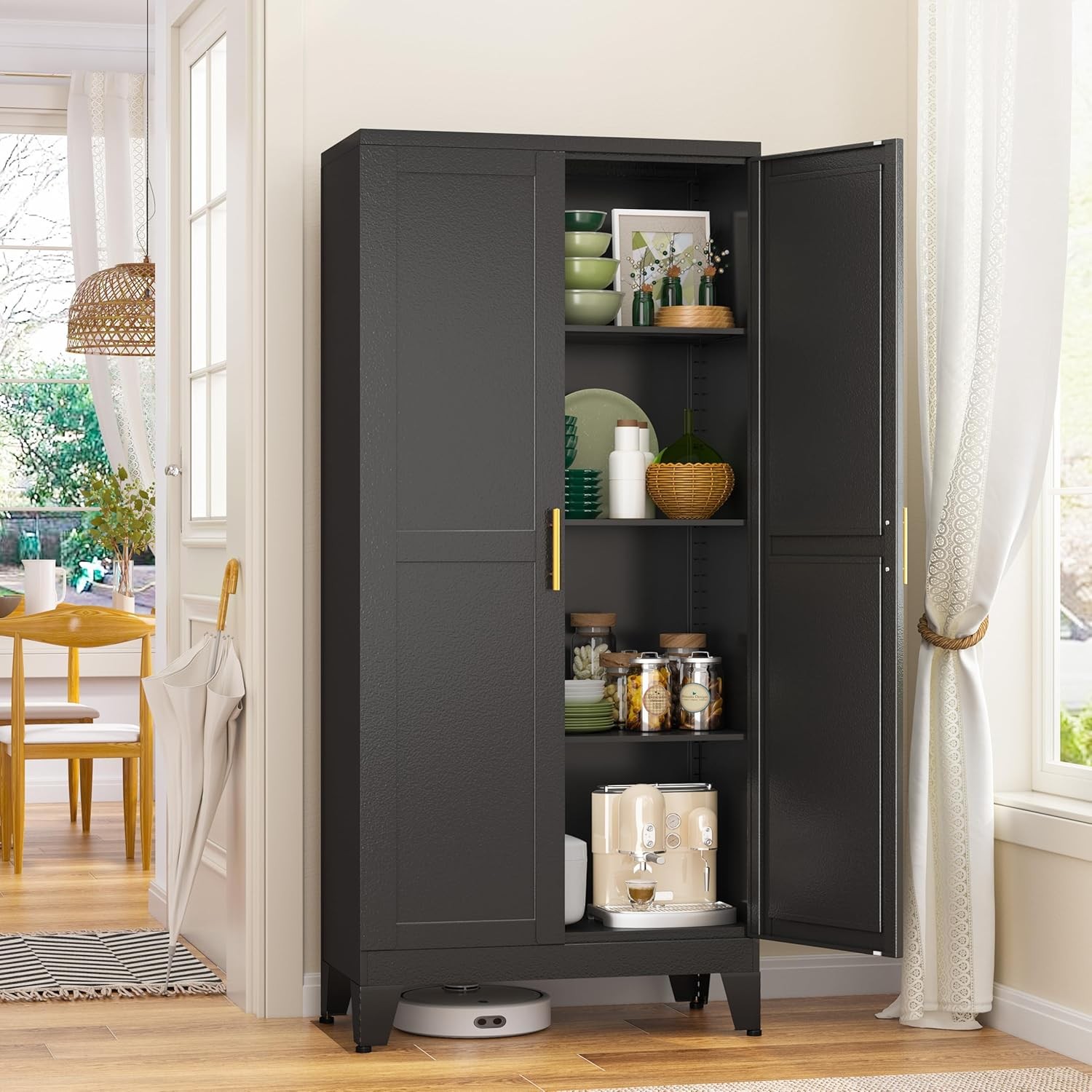 Metal Storage Cabinet 2 Doors 3 Adjustable Shelves Kitchen Pantry Laundry Room gallery