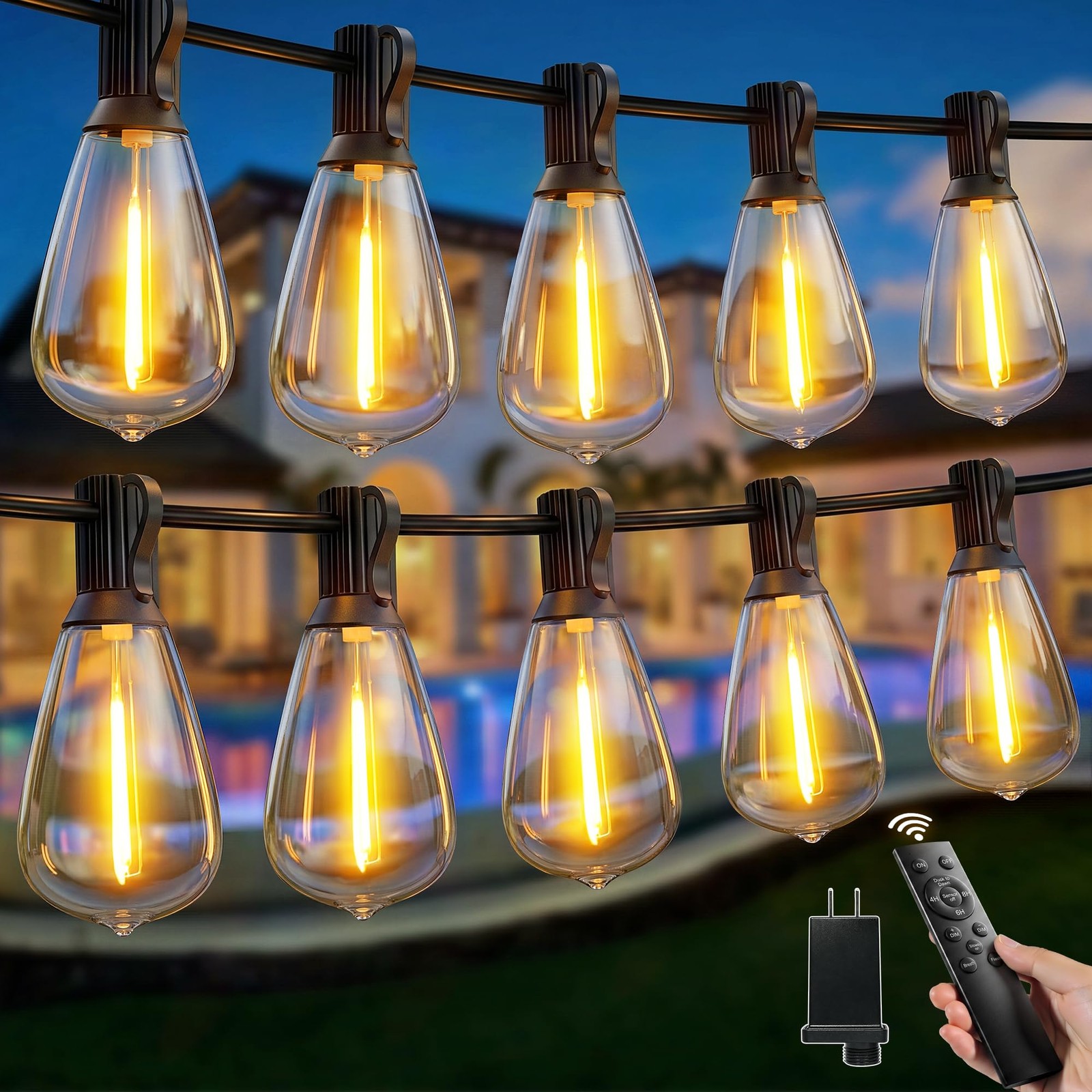 102FT Remote Dimmable Outdoor String Lights, IP45, 39 Shatterproof Edison Bulbs gallery