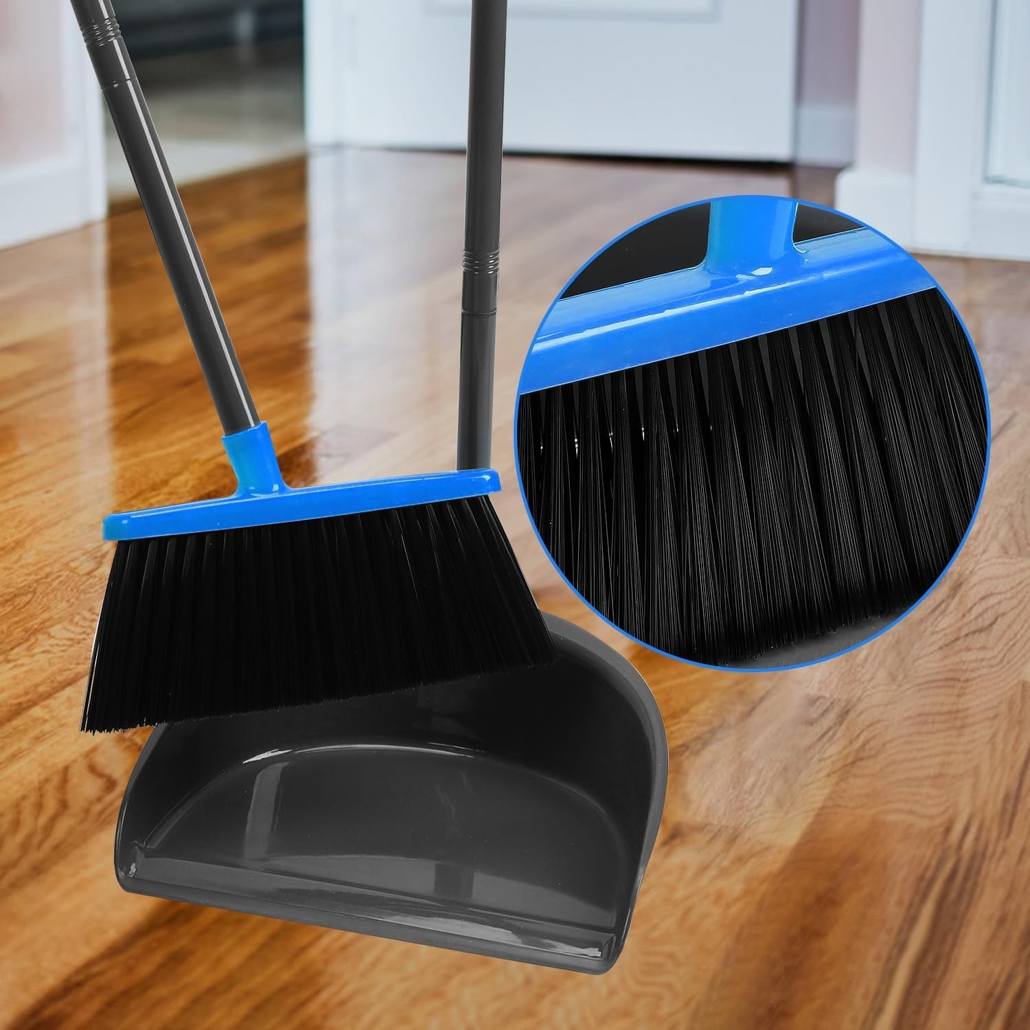 Broom and Dustpan Set ，Long Handle Broom with Upright Standing Dust pan for I... gallery