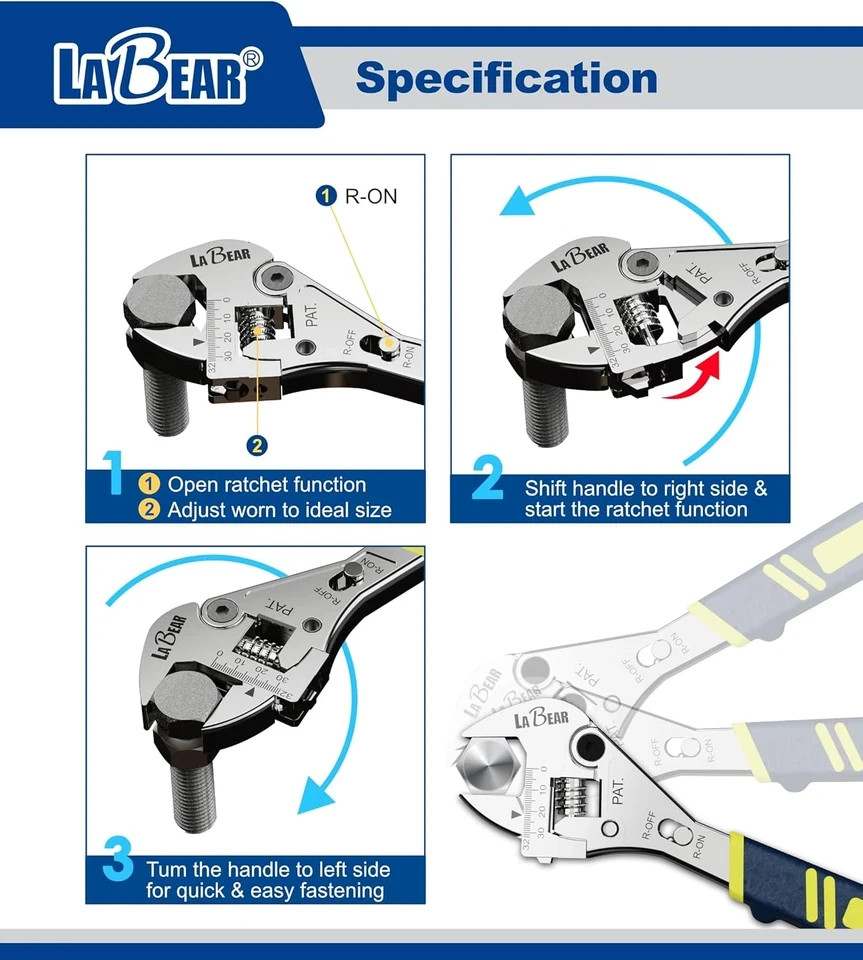LABEAR- 8 Inch Long X 1Inch(25Mm) Adjustable Ratchet Wrench gallery
