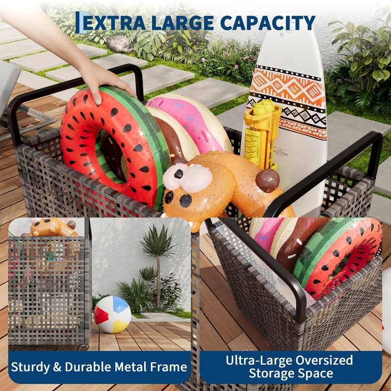 Pool Float Storage Bin Rattan Outdoor Pool Organizer Rolling Pool Storage Bin gallery