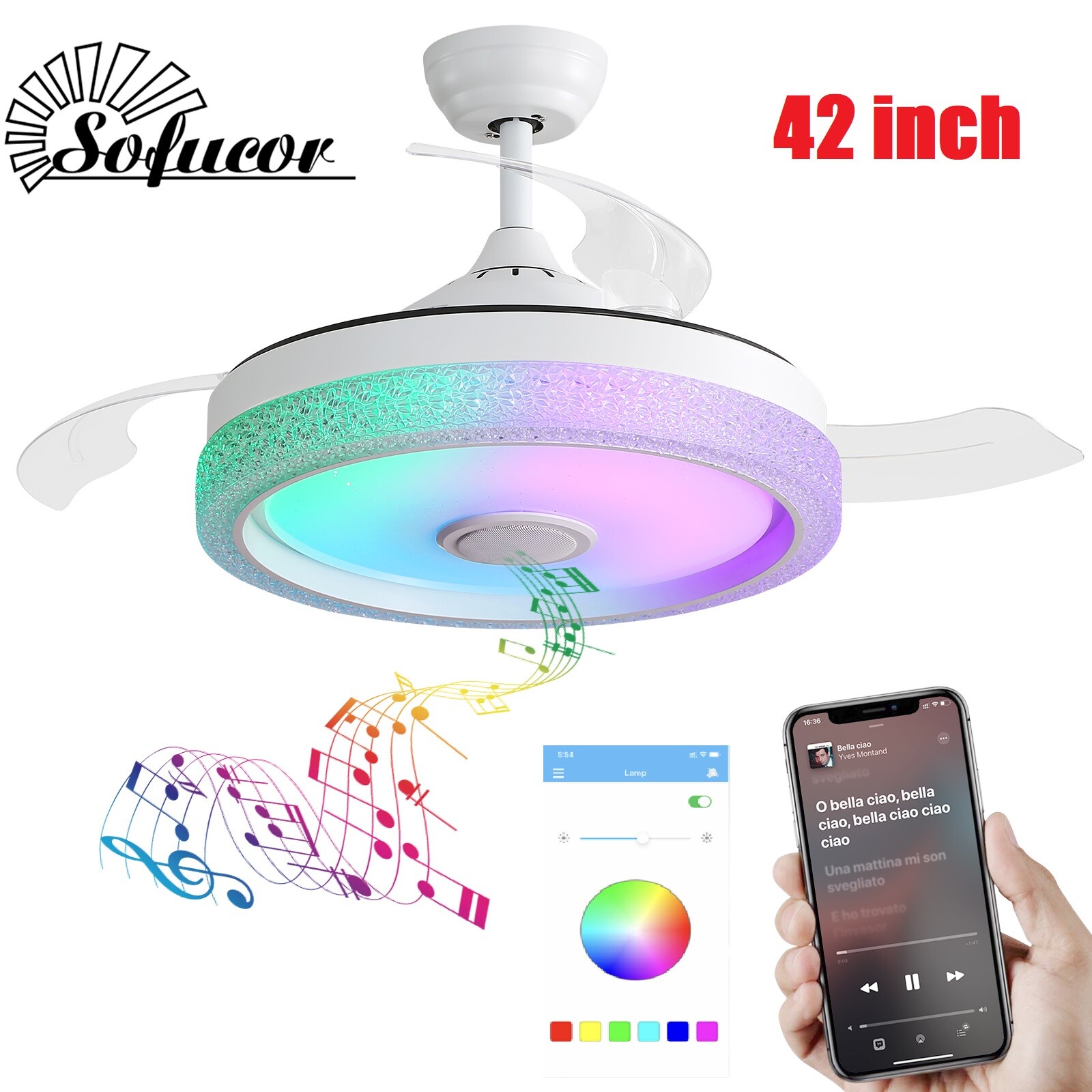 42'' RGB LED Ceiling Fan Light Dimmable Adjustable Wind Speeds w/ Music Speaker gallery