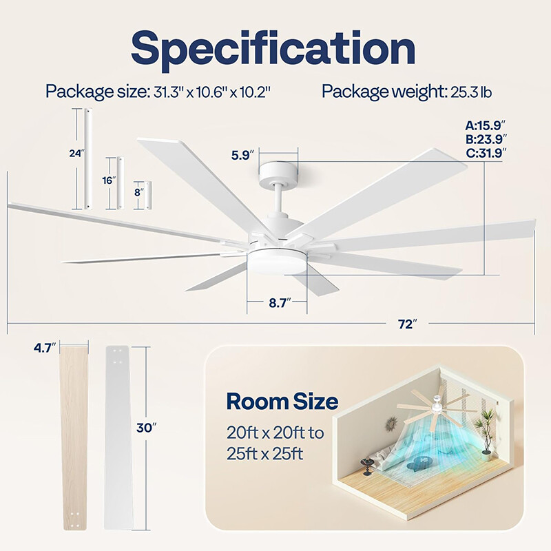 72'' Flush Mount LED Ceiling Fan with Light & Remote 6+1 Speeds, 3CCT, Dimmable gallery