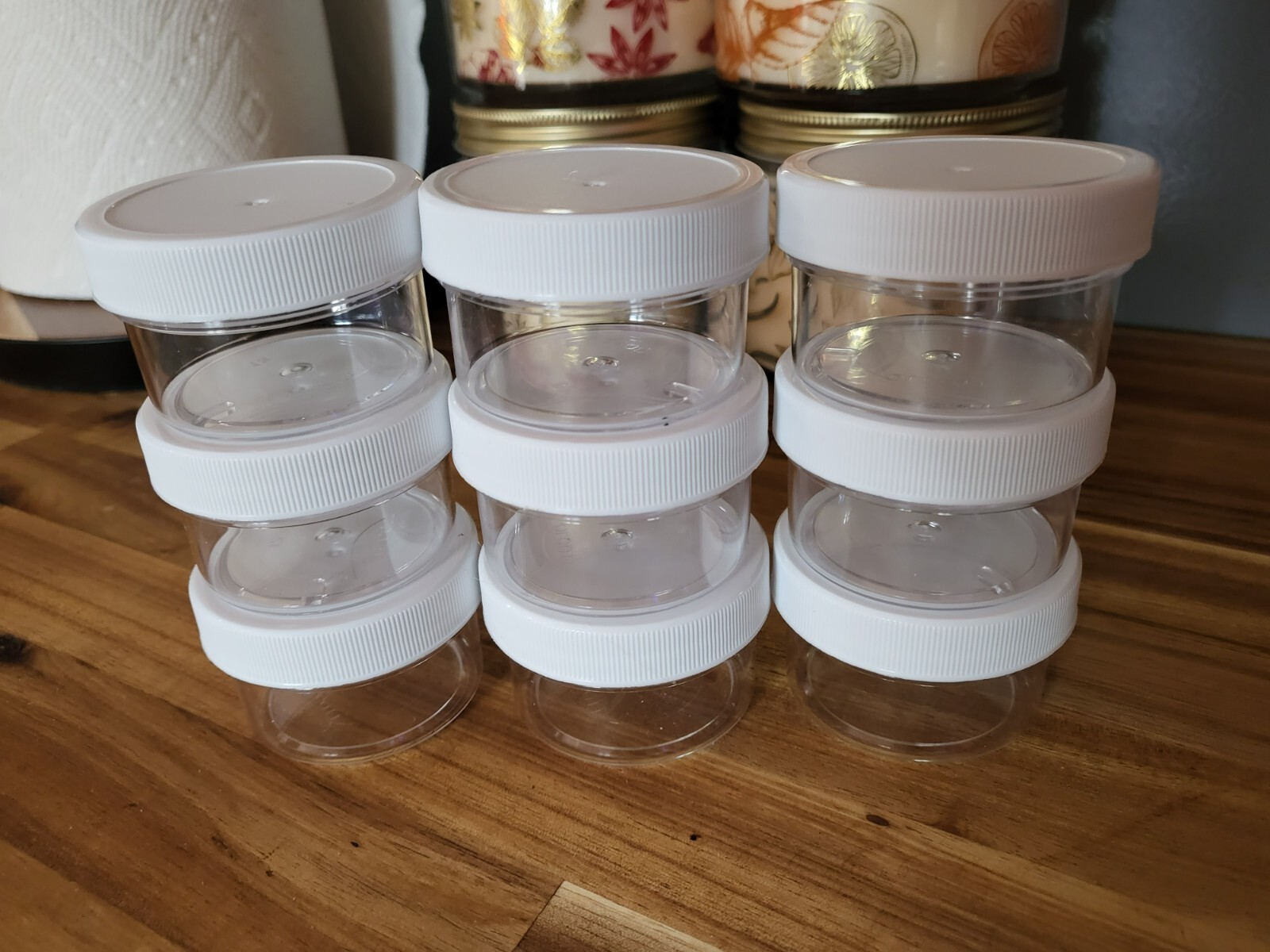 SET OF 9 -- 1 oz Small Plastic Containers Screw On Lids 1 7/8 inch inside dia. gallery