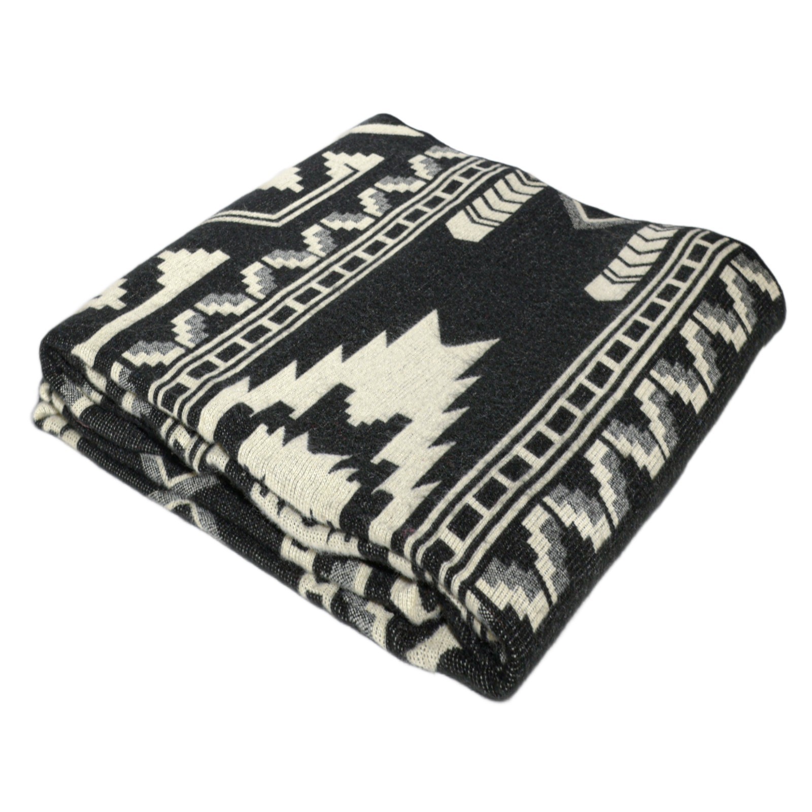 REVERSIBLE Black ALPACA Wool Blanket Andean , Native Design Geometric Throw gallery