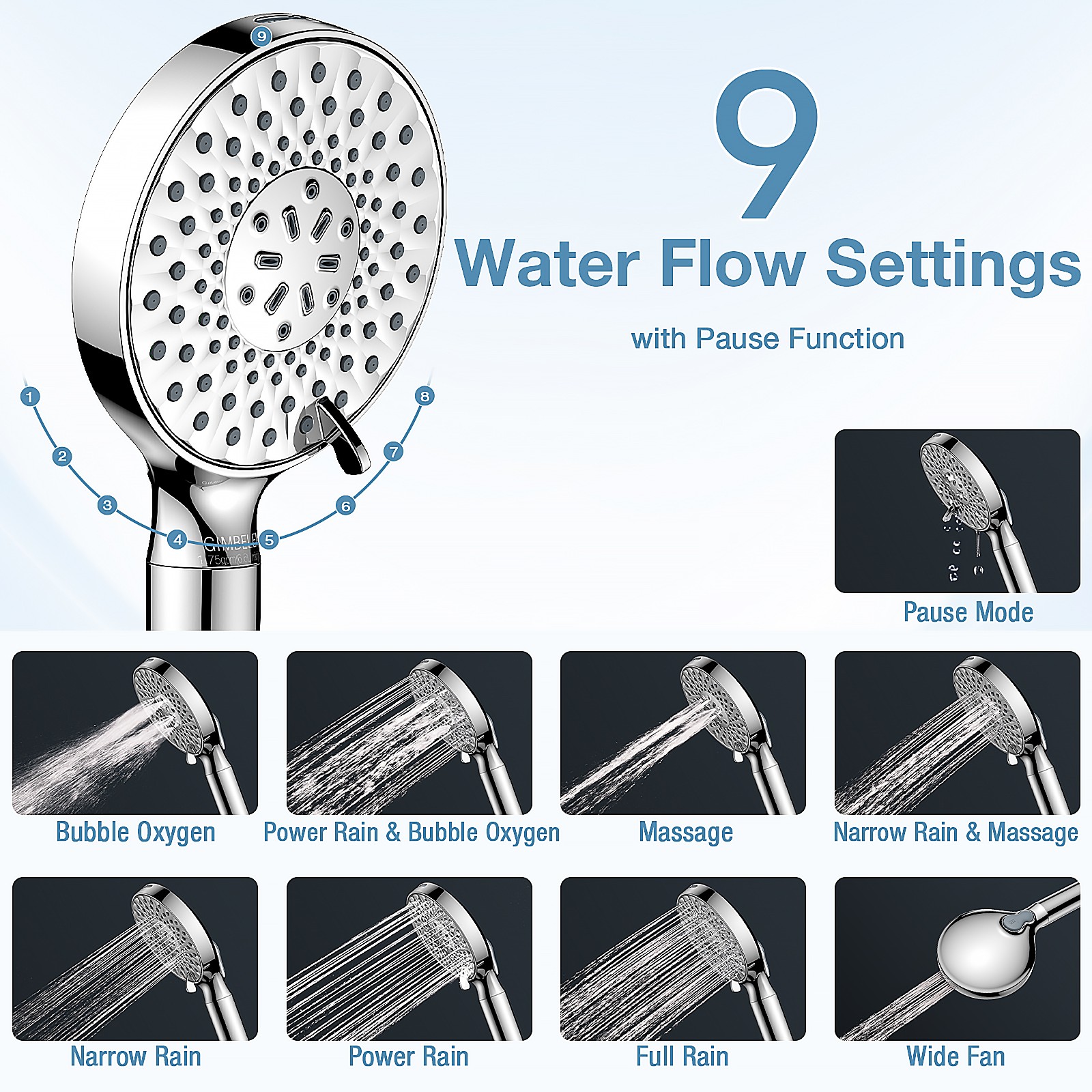 9 Spray Settings High Pressure shower Head with Filter, Handheld Rainfall Combo gallery