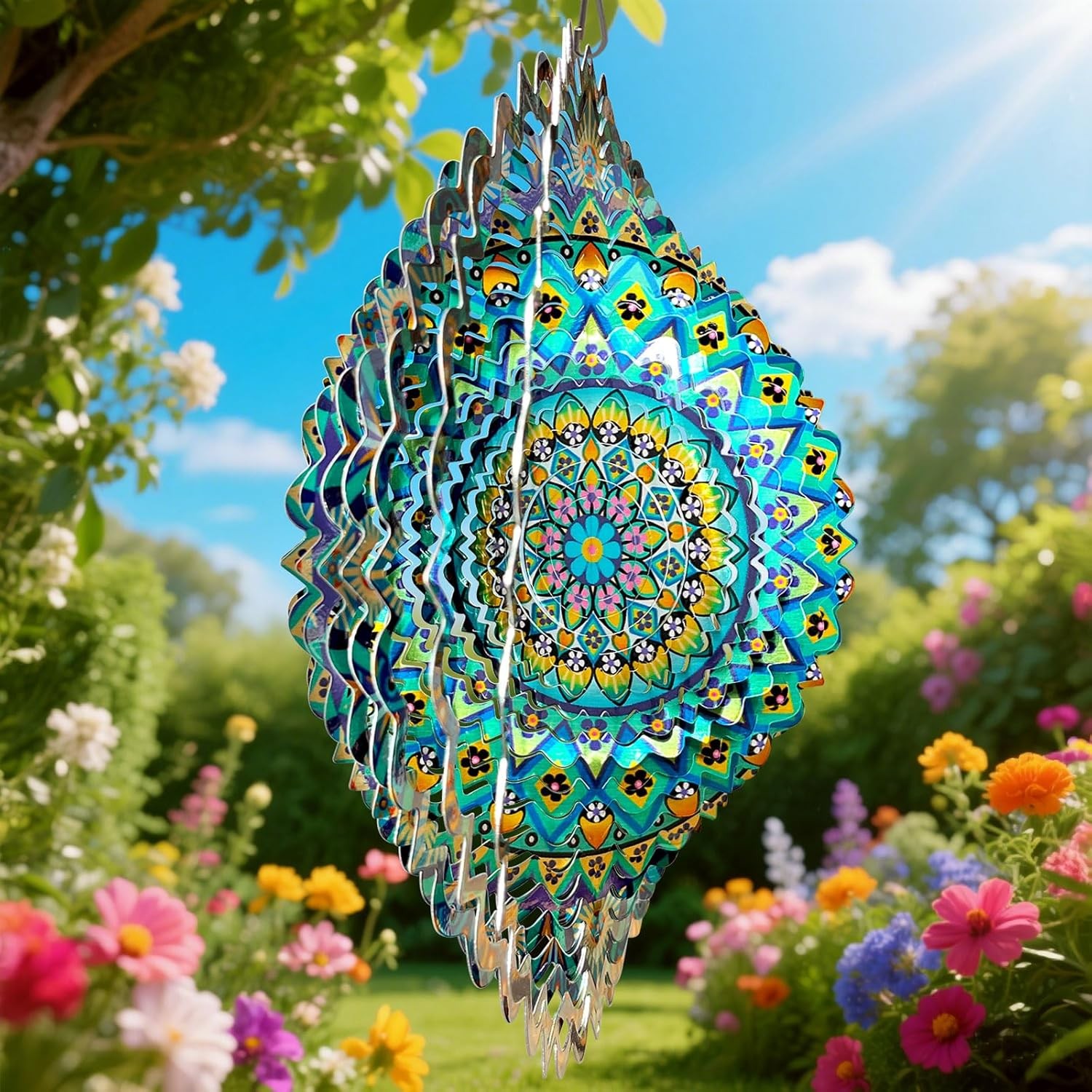 Mandala Peacock Wind Spinner 3D Kinetic Hanging Sculpture Metal Garden Decor gallery