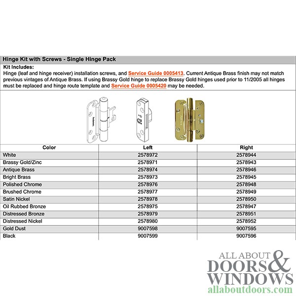 Andersen Patio Hinge Left Hand 2005-Present Brassy Gold Tone Single Patio Hinge gallery