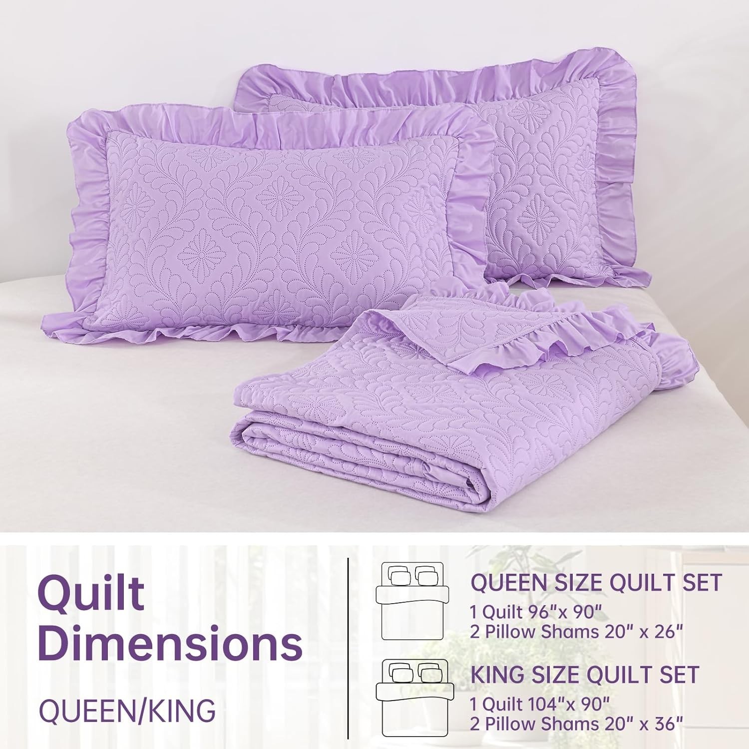 Quilt Set Bedspread Bedding Set, Purple Ruffled Lightweight Queen Lavender gallery