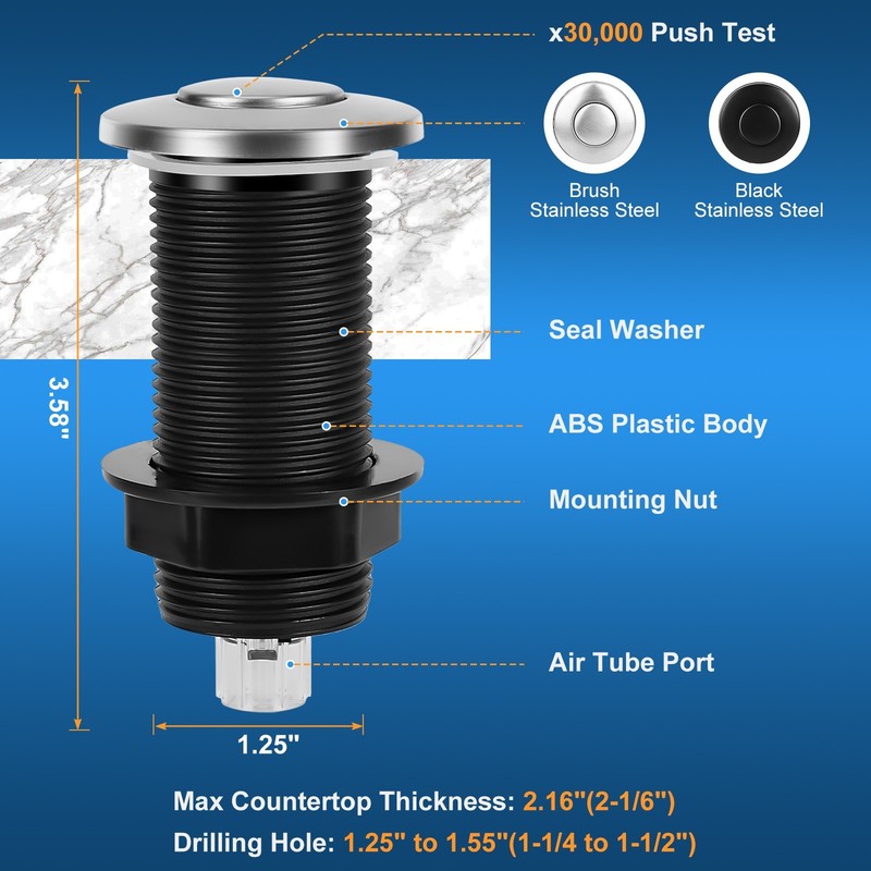 UL Listed Air Switch Kit for US Garbage Disposal 3.58” Extra Long Air Button gallery