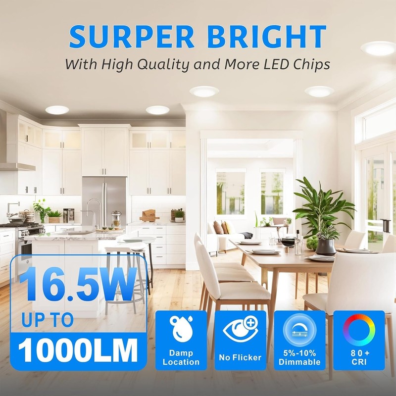 High Efficiency 6" LED Ceiling Light – 1000Lm Dimmable Flush Mount - 4 Pack gallery