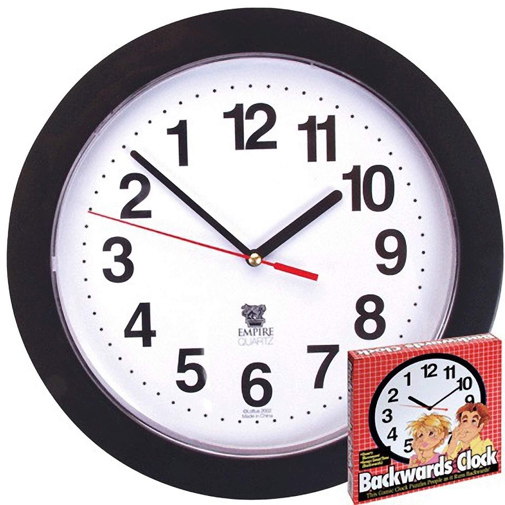 Loftus Black Backwards Wall Clock, Runs Counterclockwise and Reverse