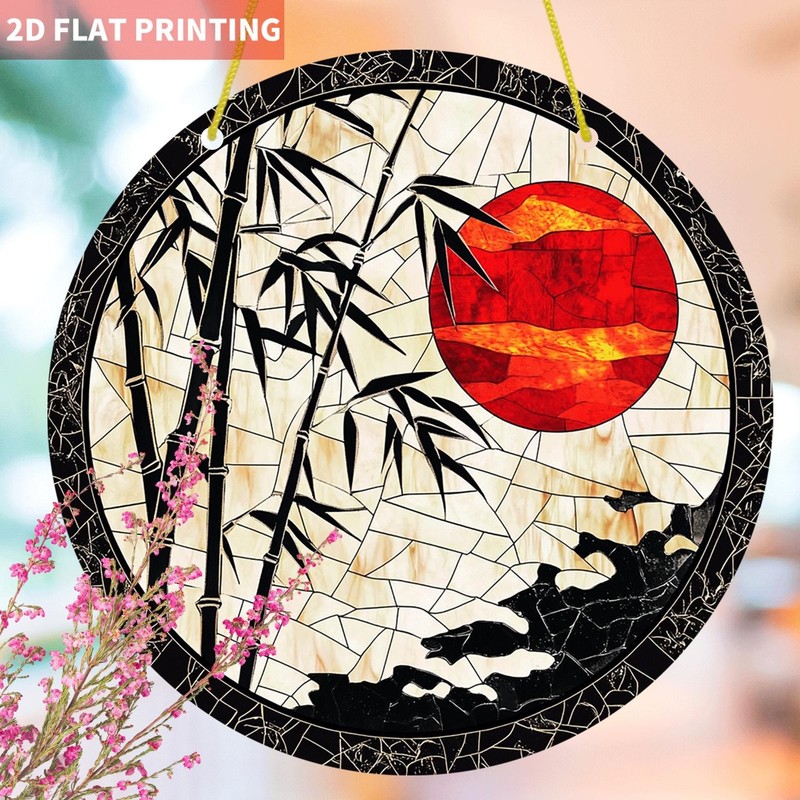 Oriental Bamboo Red Sun Pattern Acrylic Suncatcher Round Window Hanging Decor gallery