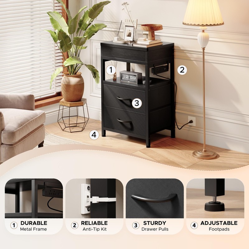 Nightstand Hidden Drawer Charging Table - with Charger Station and Sliding Top gallery