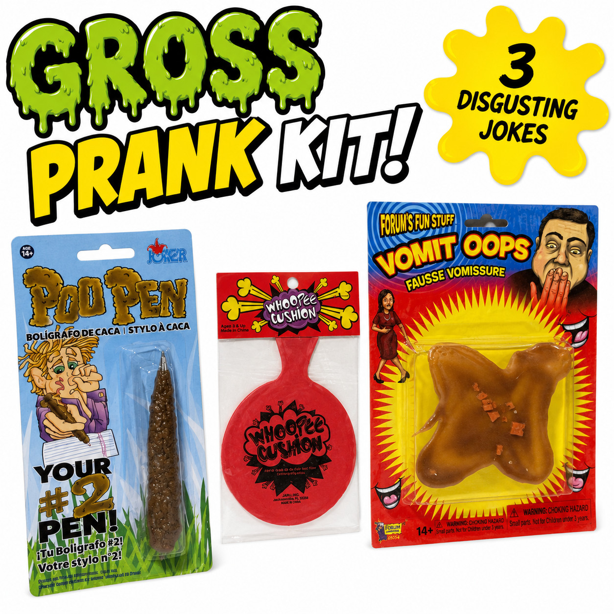GROSS PRANK KIT 3 Jokes Fake Vomit #2 Poo Pen Whoopee Fart Cushion Gag Gift Toys gallery