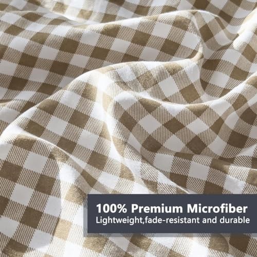 King Size Comforter Set - Tan Gingham Bedding, Brown Grid Design, 3 Pieces (1 Co gallery