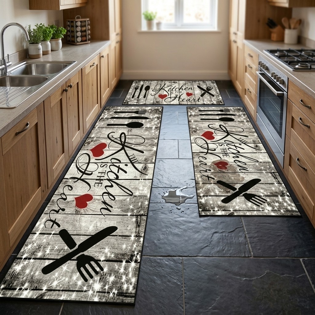 Non-Slip Washable Kitchen Floor Mat with Rustic Utensil Print Crystal Velvet gallery