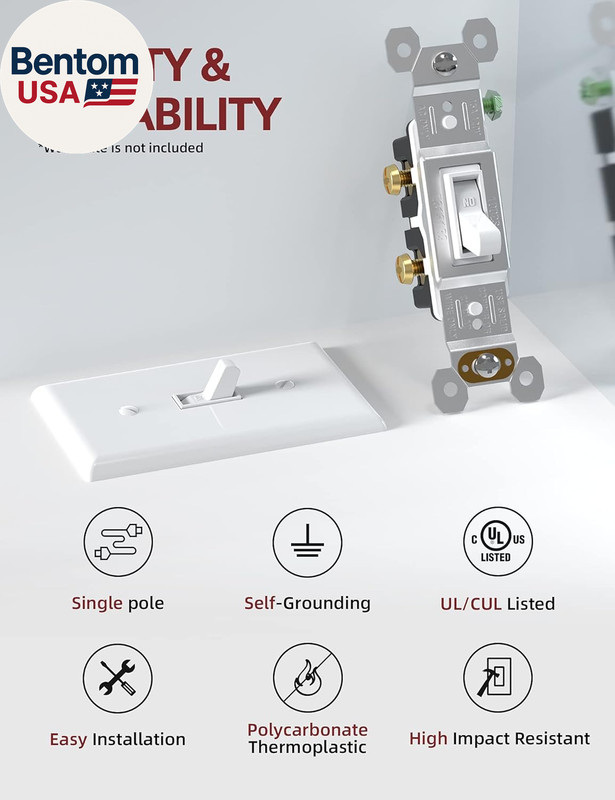 15 Amp Single Pole Quiet Indoor Toggle Switch Self-Grounding on Off, Residential gallery