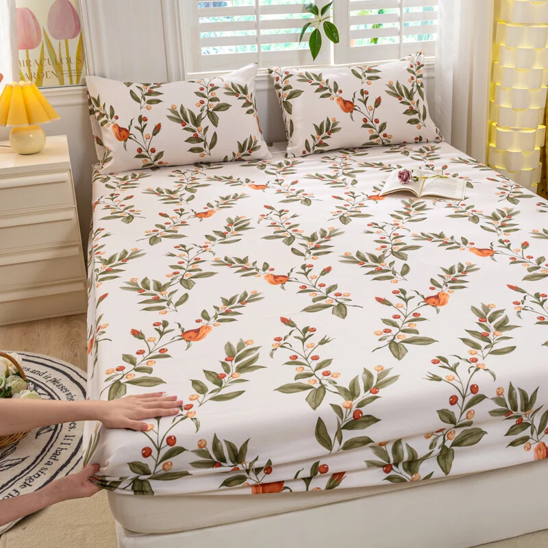 Bed Sheet with Elastic Washed Cotton Flower Printed Fitted Sheet Mattress Cover gallery