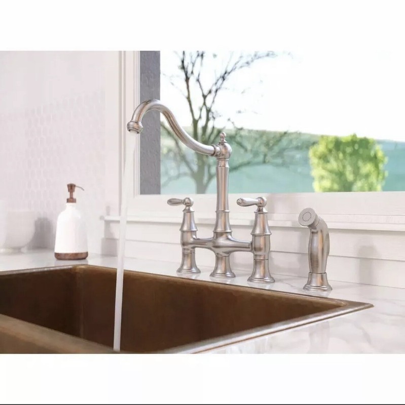 Pfister Courant Two Handle Bridge Kitchen Faucet & Side Spray in Stainless Steel gallery