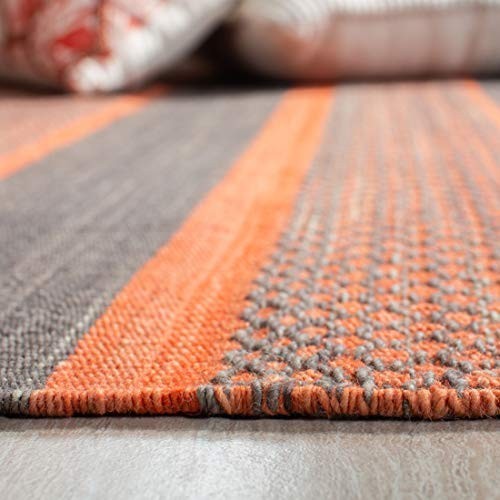 Handmade Flat Weave Wool Accent Rug 4' x 6' - Dark Grey & Orange, High Traffic A gallery