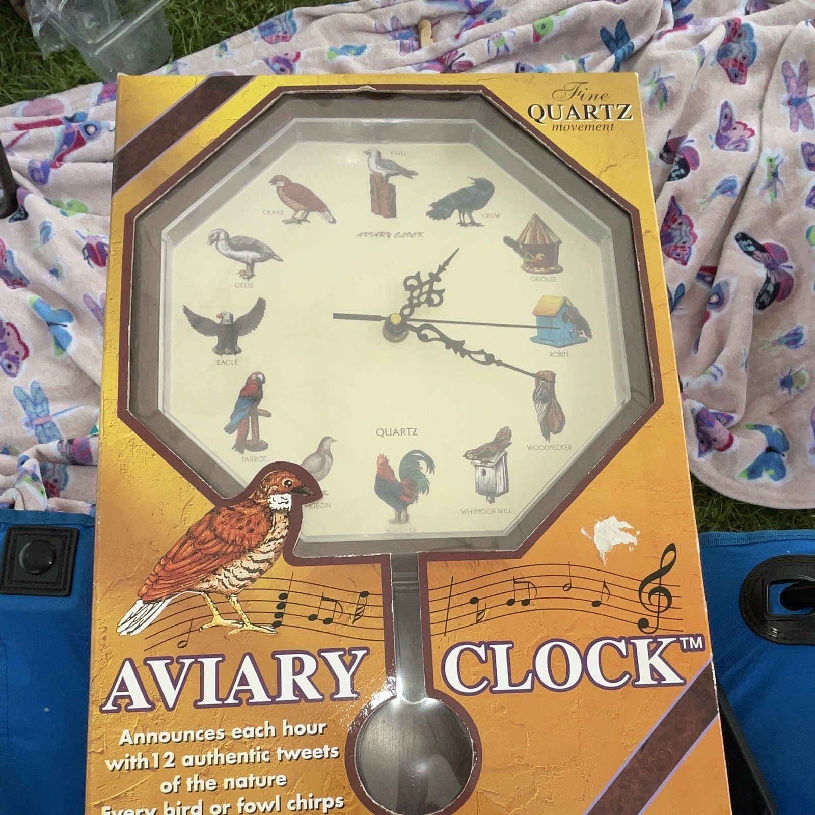 Quartz Analog Octagon Hanging Wall Clock Bird Sounds/Chimes Brown Gold gallery