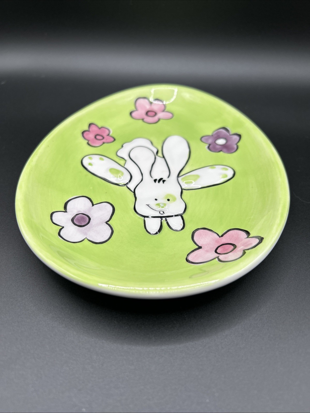 Easter-Spring Bunny/Flowers Ceramic Plate Trinket Dish Pastel Green Pink Purple gallery