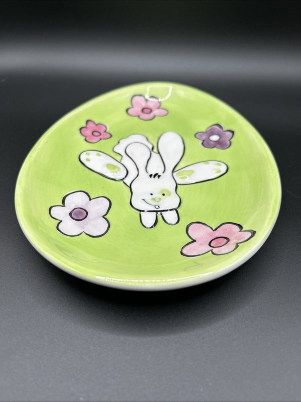 Easter-Spring Bunny/Flowers Ceramic Plate Trinket Dish Pastel Green Pink Purple gallery