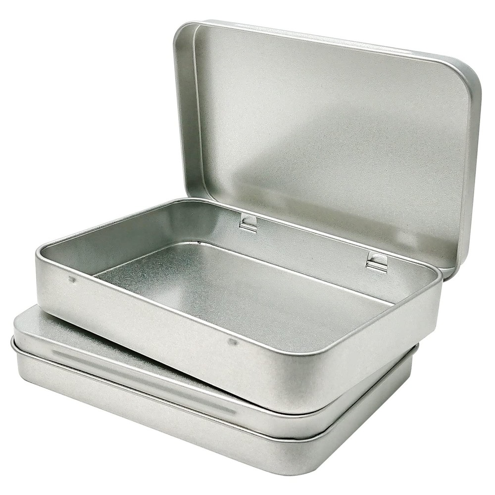 Silver Metal Hinged Tin Box Container Portable Storage 4.5x3.3x0.9 Inch 2 PCS