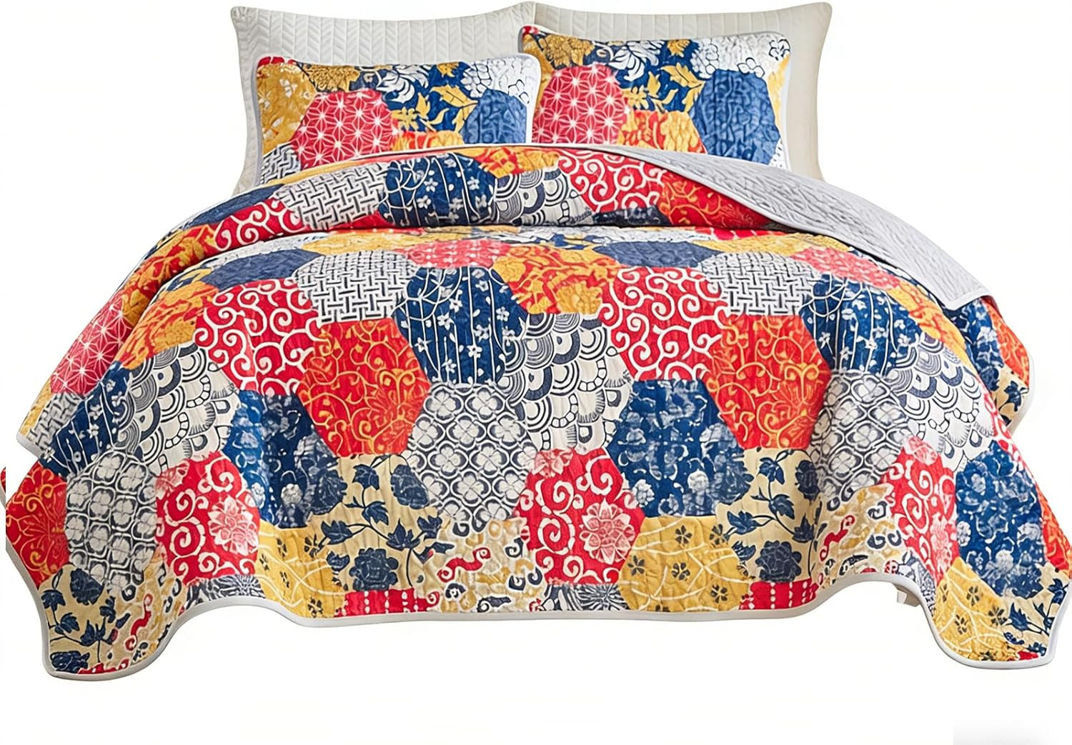 Boho Quilt Set King Size, Reversible Floral Geometric Honeycomb Pattern Bedsprea gallery
