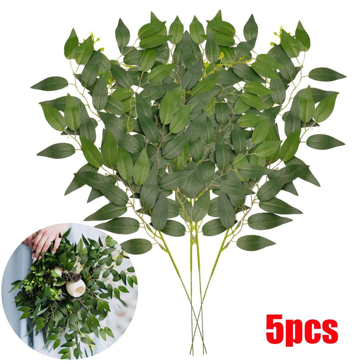 5pcs Artificial Italian Ruscus Greenery Stems 22'' Faux Green Leaf Bouquet Decor gallery