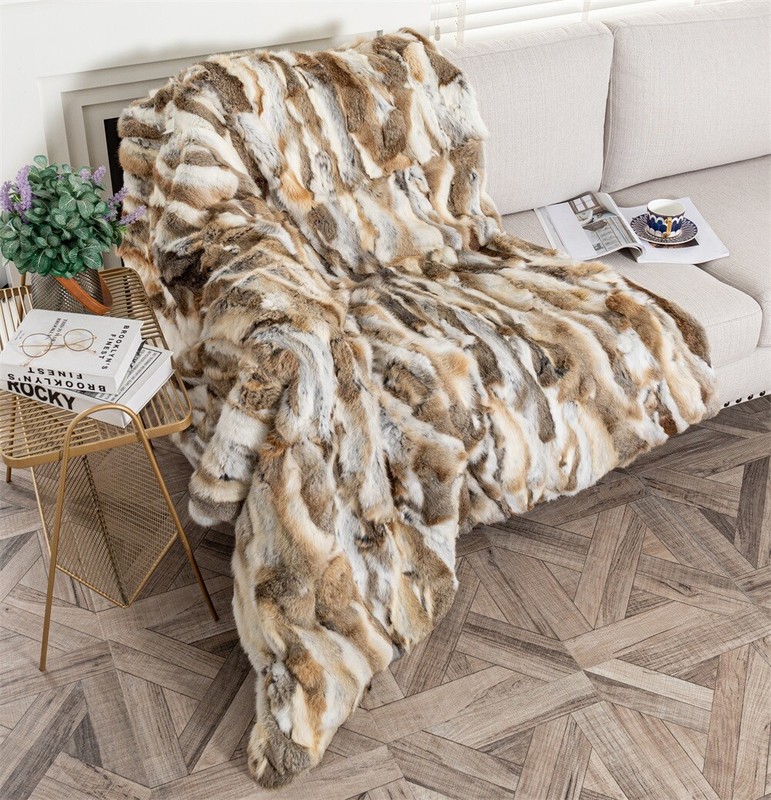 Luxury Real Rabbit Fur Throw Bedspread Blanket Winter Warm Leather Pelts 4ftx6ft gallery