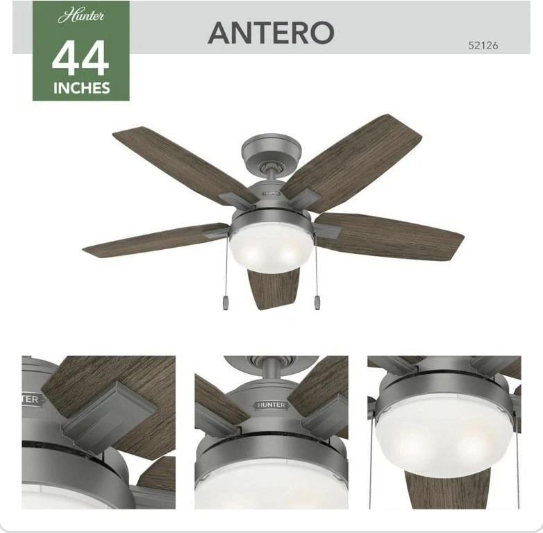 NEW HUNTER ANTERO EXPRESS INDOOR MATTE SILVER CEILING FAN WITH LED LIGHT KIT 44" gallery