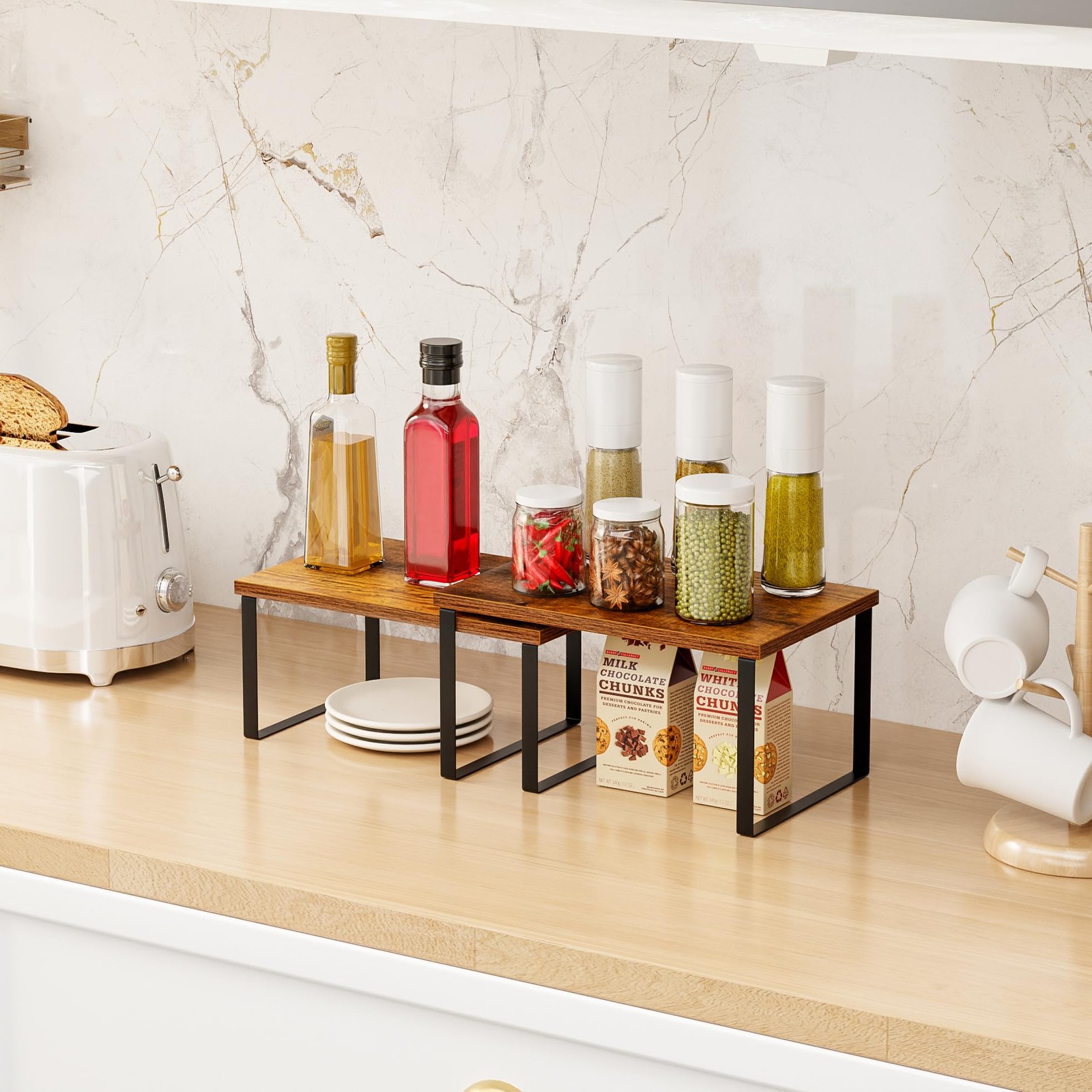 2 Set Metal & Engineered Wood Kitchen Shelf Stackable Cabinet Organizer, Coun... gallery