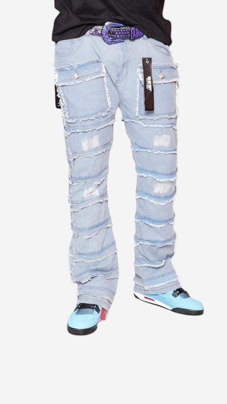 Statement Layered Distressed Jeans - Best Fitted Blue Stack with Fringe Detail gallery