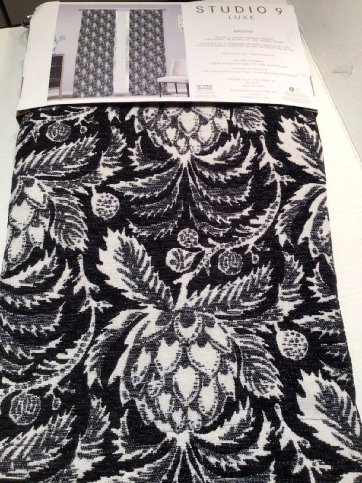 STUDIO 9 Curtain panels Aretha Chenille Black white 37 x 84 Botanical Print gallery