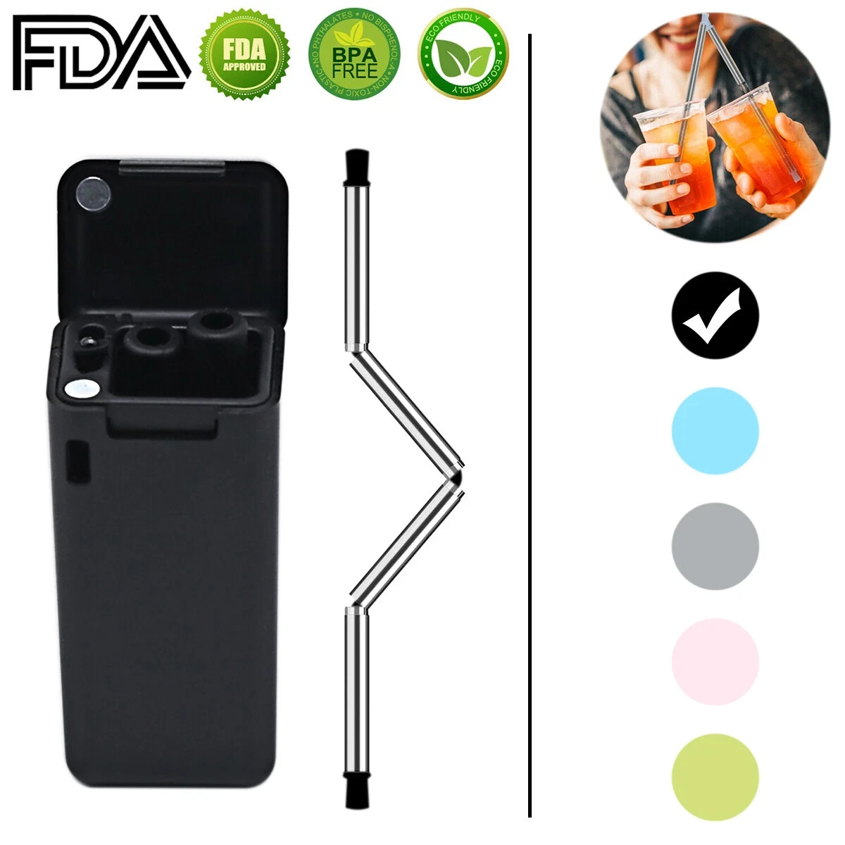 9.05" Long Reusable 2 Pack Straws Stainless Steel Drinking Flexible Collapsible gallery