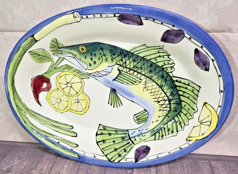 Large Serving Platter Handcrafted Fish Ceramic Tika Lotus Seafood Lemon Pasta gallery