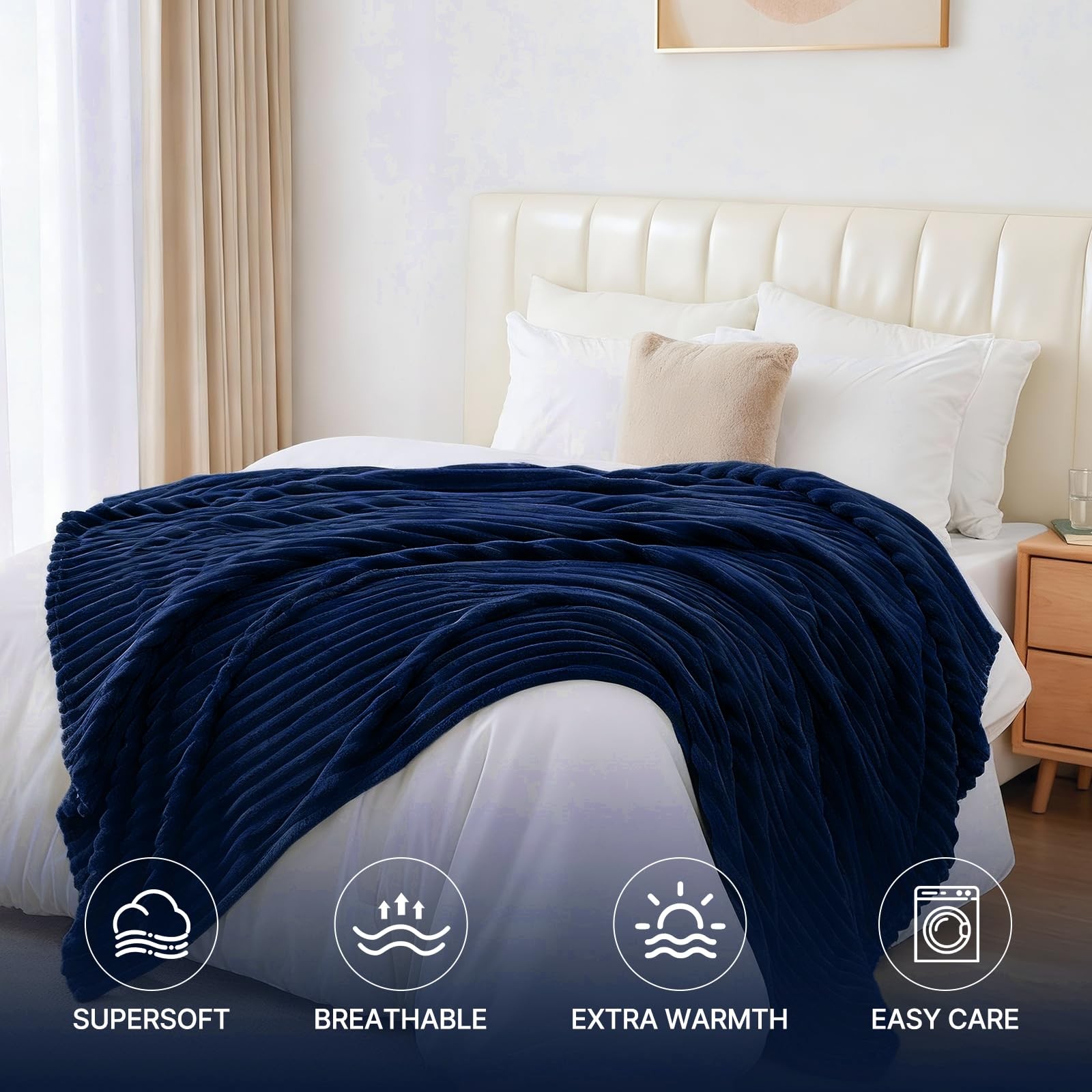 Navy King Size Blanket for Bed Soft Plush Ribbed Striped Fleece 108x90 Inch gallery