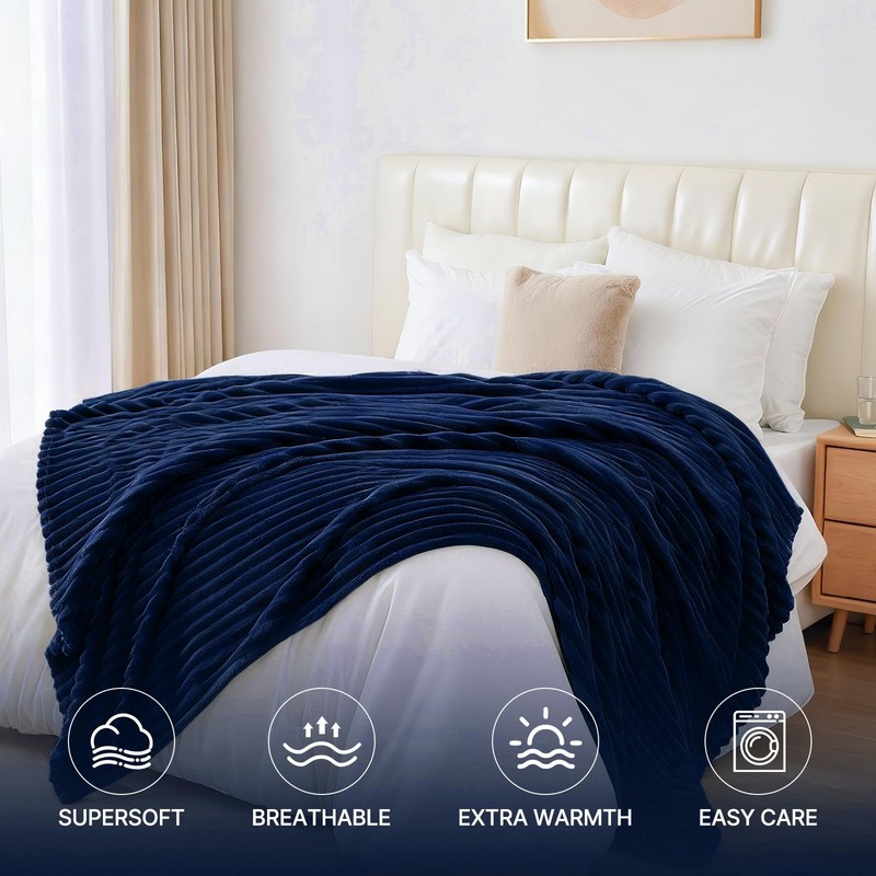 Navy King Size Blanket for Bed Soft Plush Ribbed Striped Fleece 108x90 Inch gallery