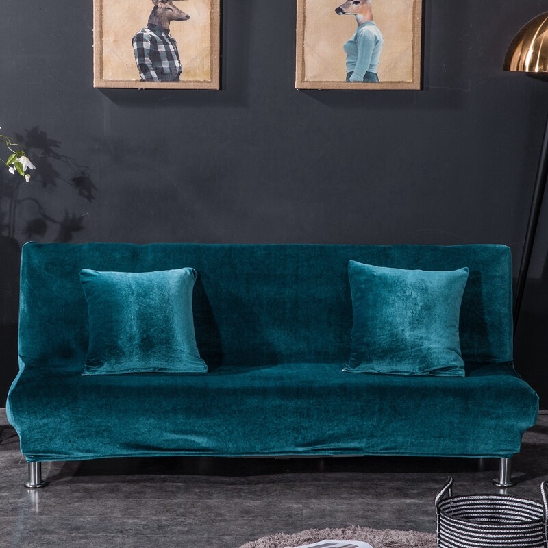 Velvet Thick Futon Cover Armless Sofa Bed Cover Stretch Folding Couch Slipcover gallery