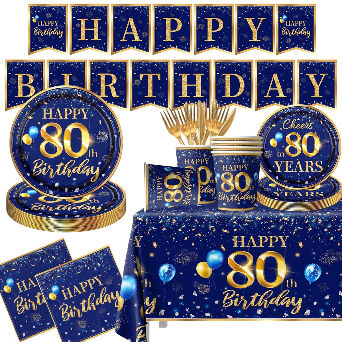 80th Birthday Decoration Men-142pcs Navy Blue and Gold Birthday Tableware Set... gallery