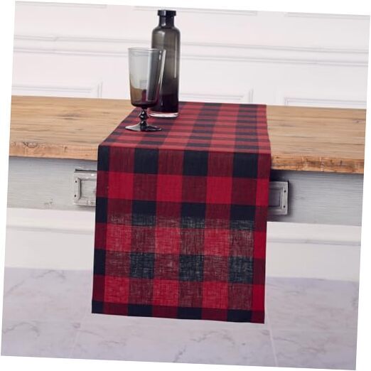 Linen Check Table Runner 48 inch – 100% Pure Linen 14 x 48 Inch Red & Black