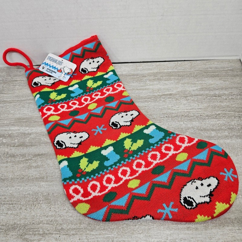 Peanuts Snoopy Christmas Stocking Red Green Holiday Knit Festive Gift gallery