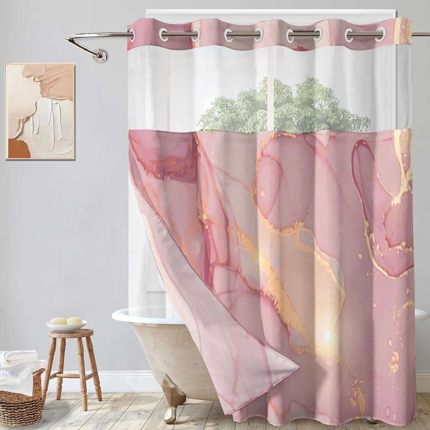 Hookless Shower Curtain Pink Gold Marble No Hooks Snap-In 71x74" Machine Washabl gallery