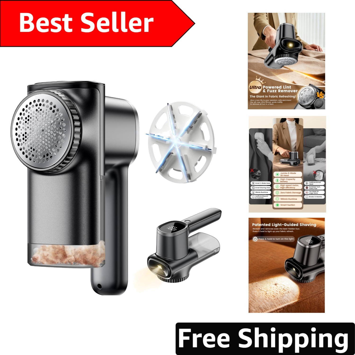 3D 6-Blade Rechargeable Lint Remover with LED Display & 180 Min Runtime gallery