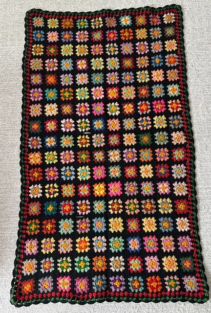 Vintage Handmade Granny Square Colorful Crochet Black 60'x35' Throw Roseanne NEW gallery