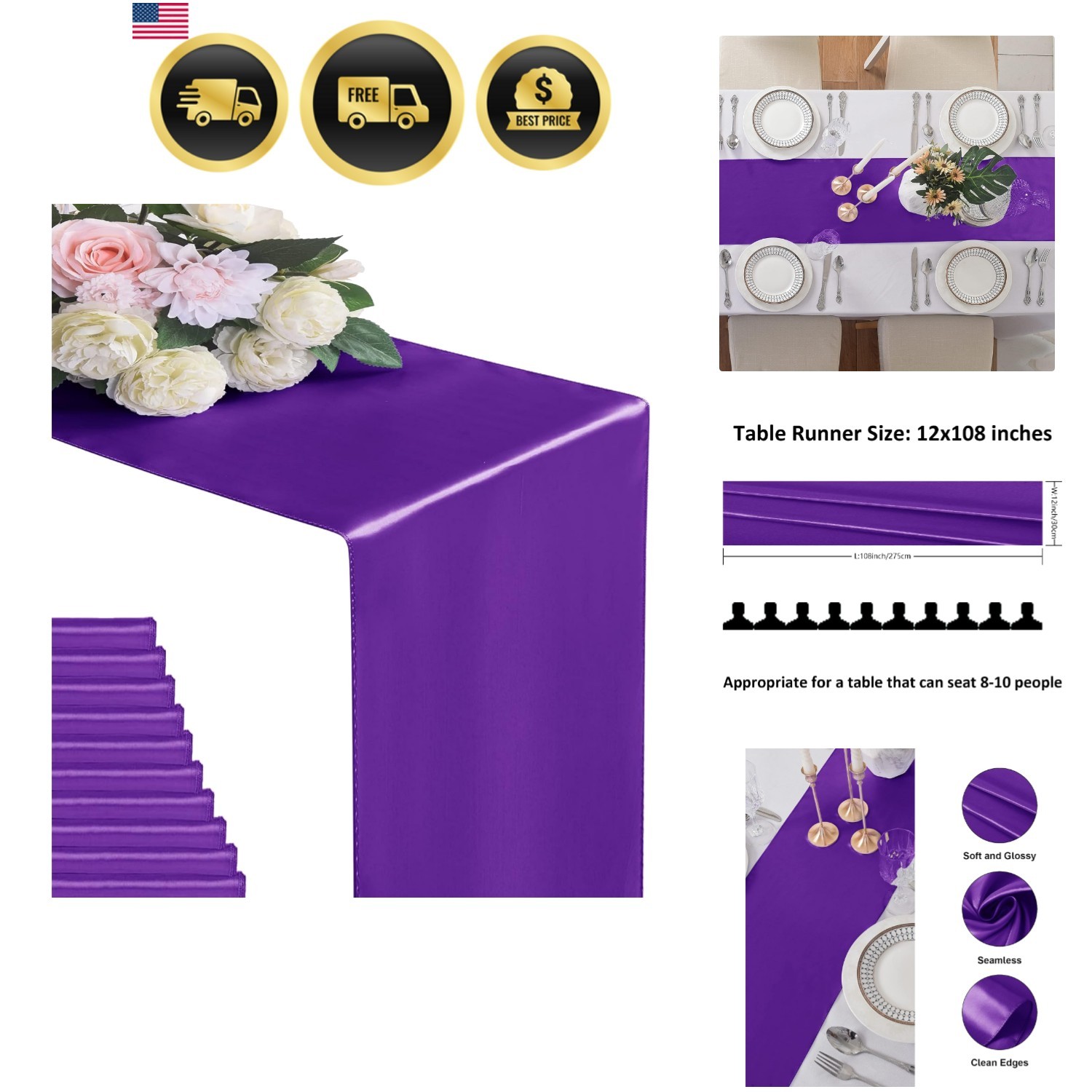 6Pack Table Runner 12 x 108 Inches Satin Silk Table Runner for Wedding, Birth... gallery