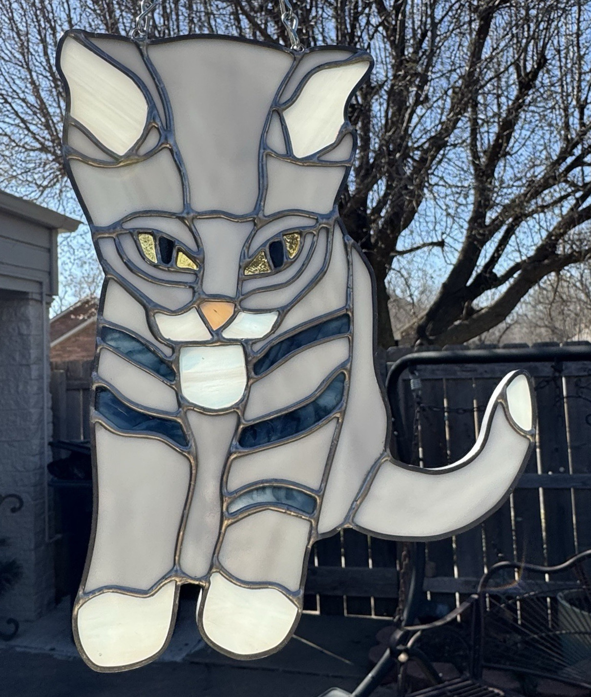Stained Glass Art CAT SUN CATCHER - Shades of Grey Body & Stripes Dark Blue 9 in gallery