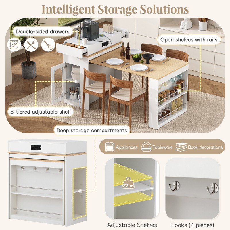 Extendable TREXM Rolling Kitchen Island with , Built-in Socket & Side Hooks gallery